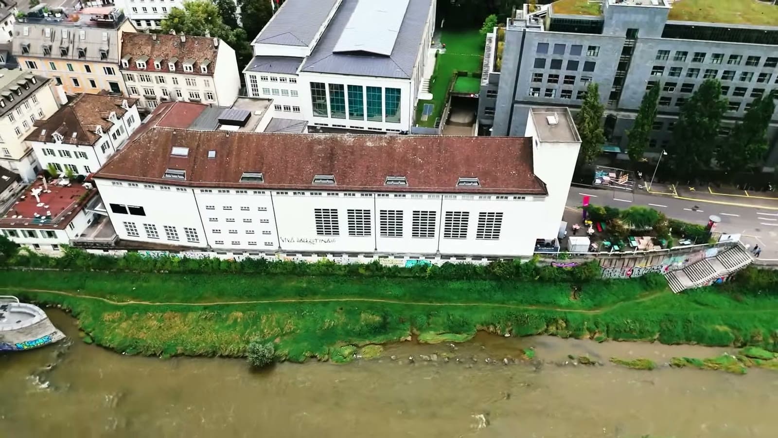 Aerial view of the Kraftwerk building on the river Sihl in Zurich